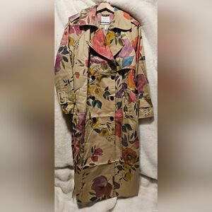 Avec Les Filles Women's Floral Maxi Raglan Trench Coat with Flange Size L